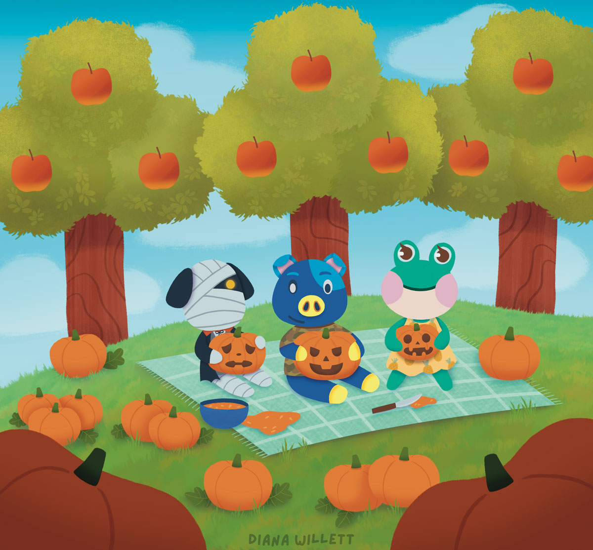 Kidlit Illustration by Diana Willett of lucky, hugh, and lily from animal crossing making jack o lanterns outside on a blanket. surrounded by pumpkins and apple trees.