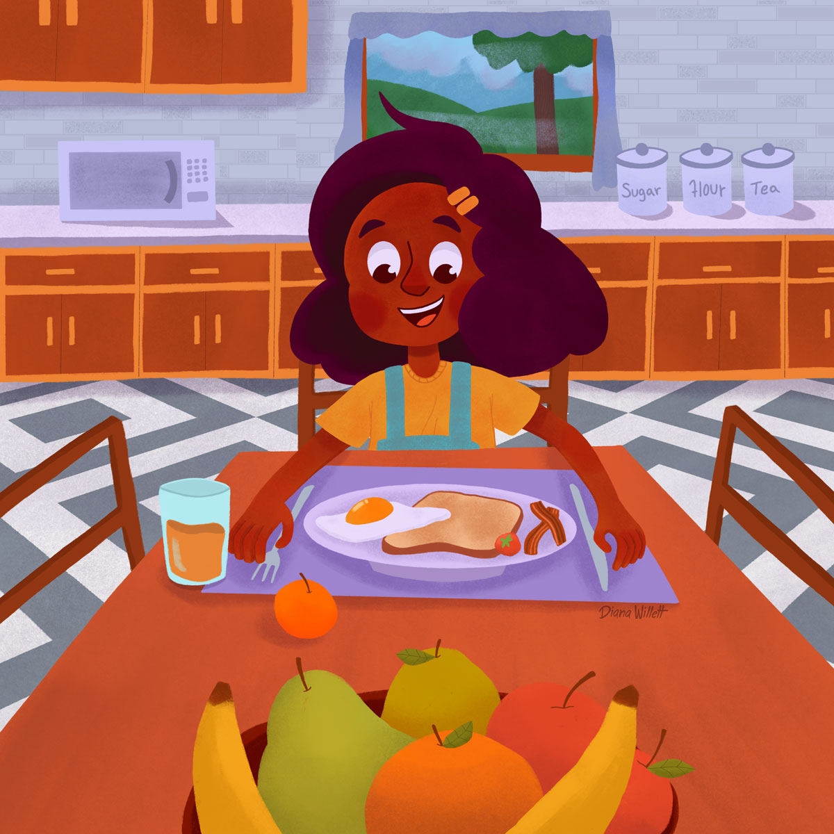 Kidlit Illustration by Diana Willett of child eating breakfast in a kitchen.