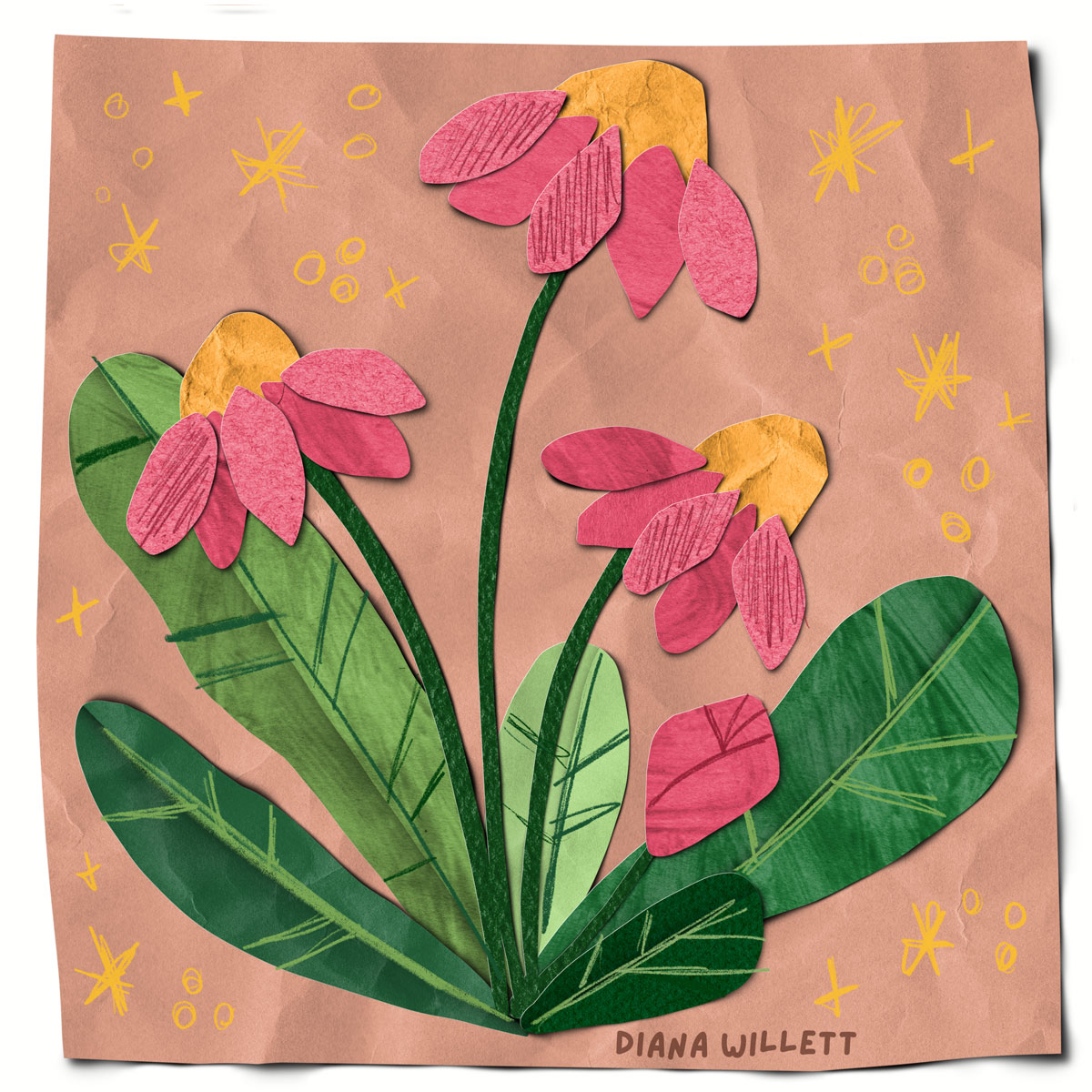 Kidlit Illustration by Diana Willett of cut paper flowers