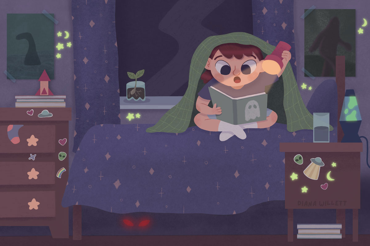 Kidlit Illustration by Diana Willett of child on bed reading ghost stories