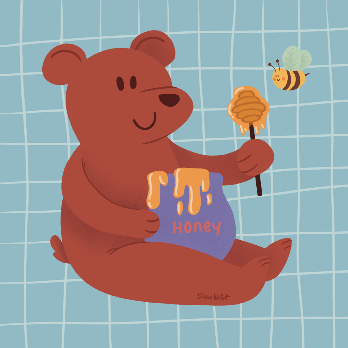 Kidlit Illustration by Diana Willett of bear eating honey out of a jar
