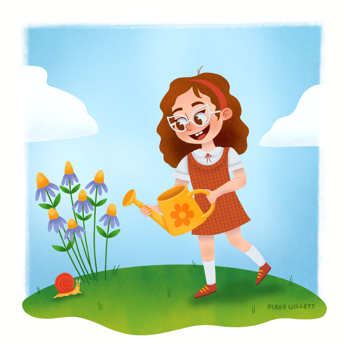 Kidlit Illustration by Diana Willett of a girl in glasses and red dress watering purple flowers a snail is there.