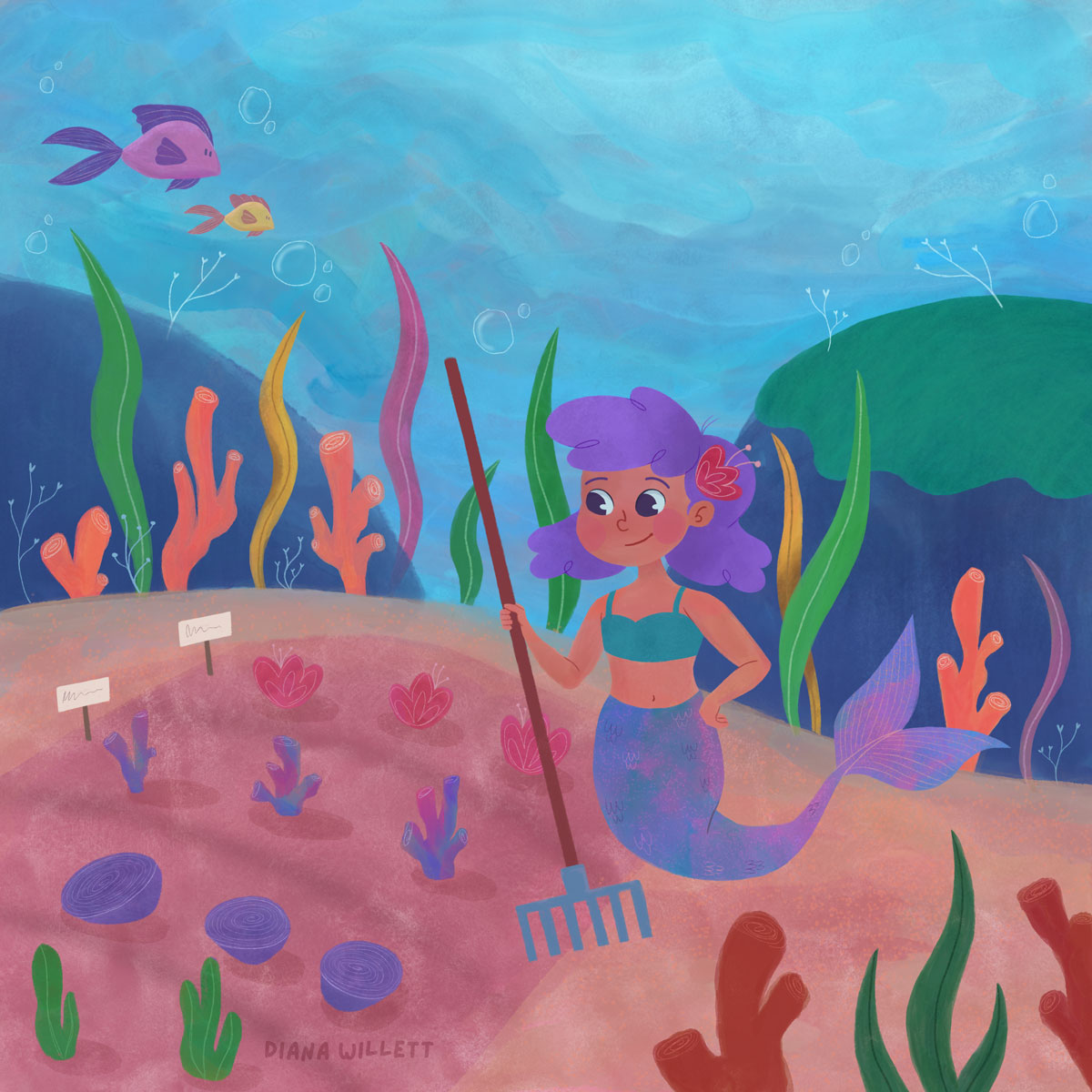 Kidlit Illustration by Diana Willett of mermaid tending their underwater garden