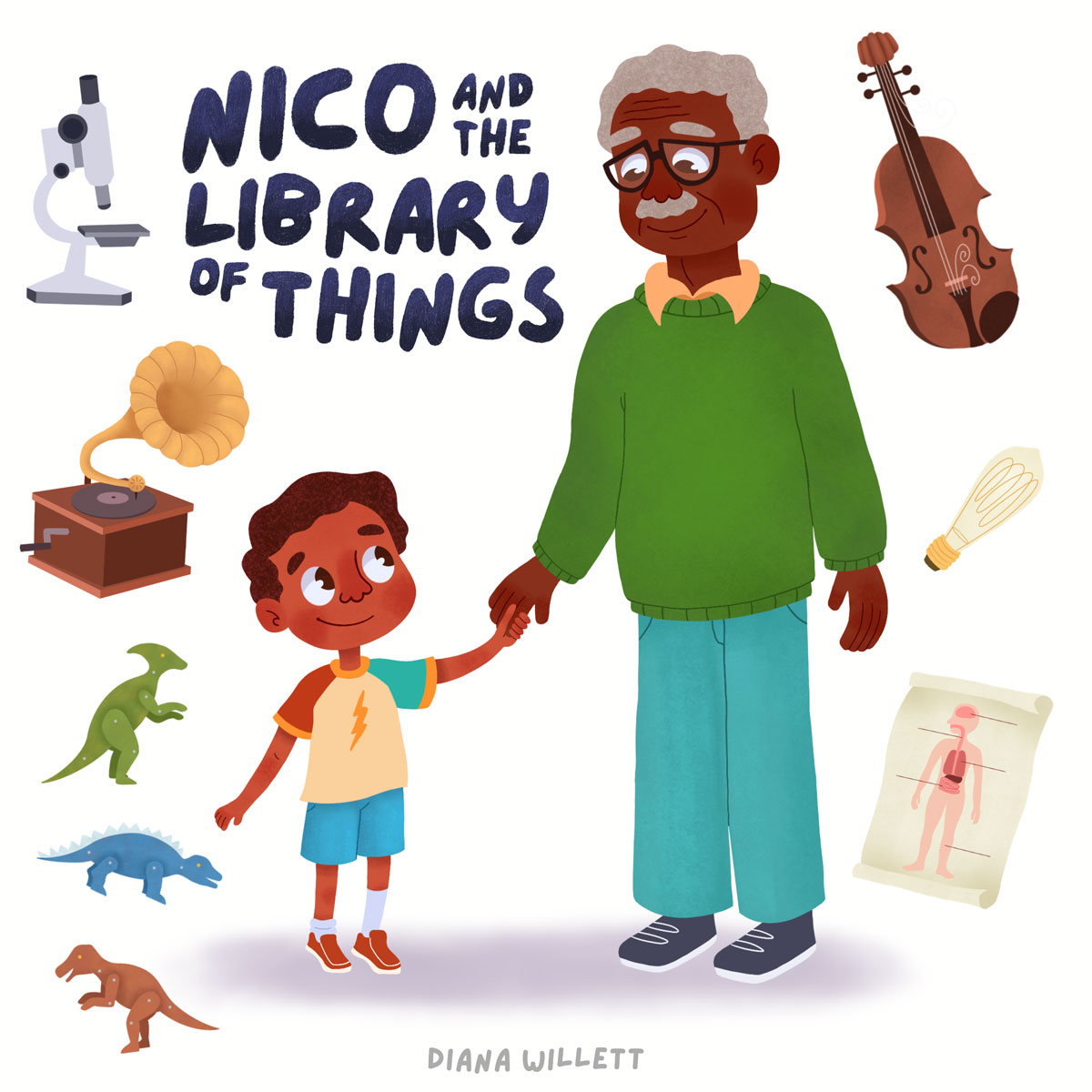 Kidlit Illustration by Diana Willett book cover of nico and grandpa library of things.
