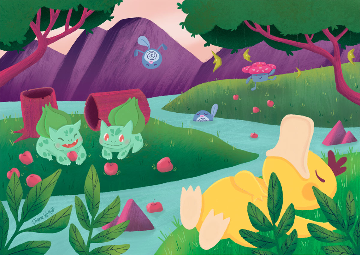 Kidlit Illustration by Diana Willett piece for the pokemon snap zine. psyduck sleeping , bulbasaurs eating apples, vileplume dancing, poliwag swimming.
