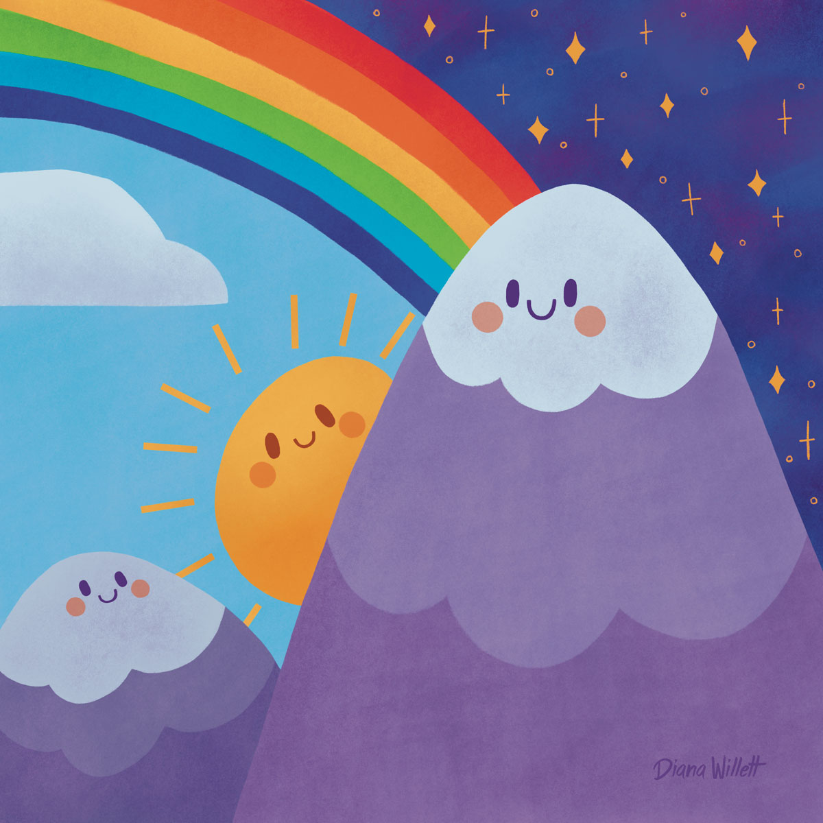 Kidlit Illustration by Diana Willett of two mountains smiling with a smiling sun peaking out and a rainbow.