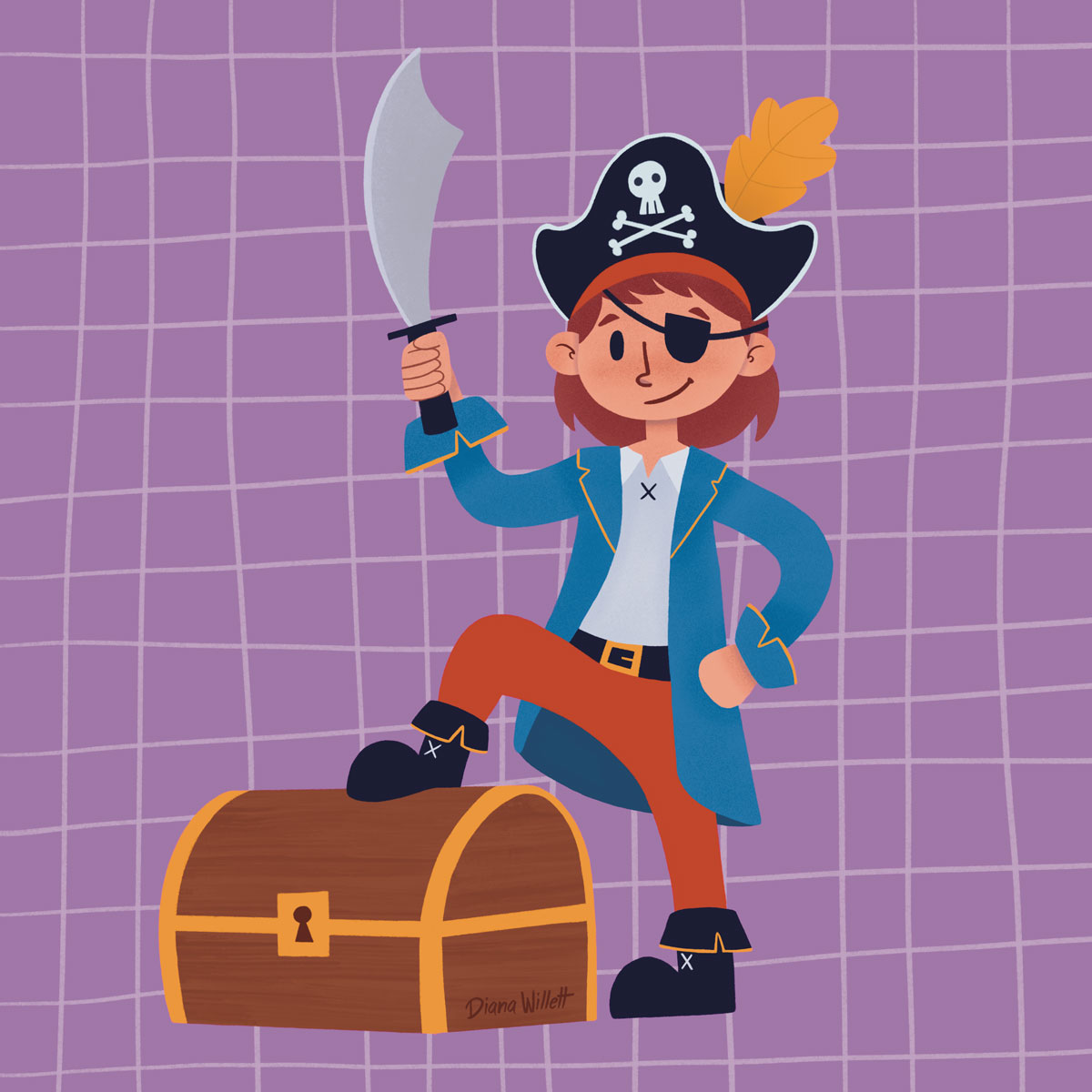 Kidlit Illustration by Diana Willett of child dressed as a pirate standing on a treasure chest and holding a toy sword.