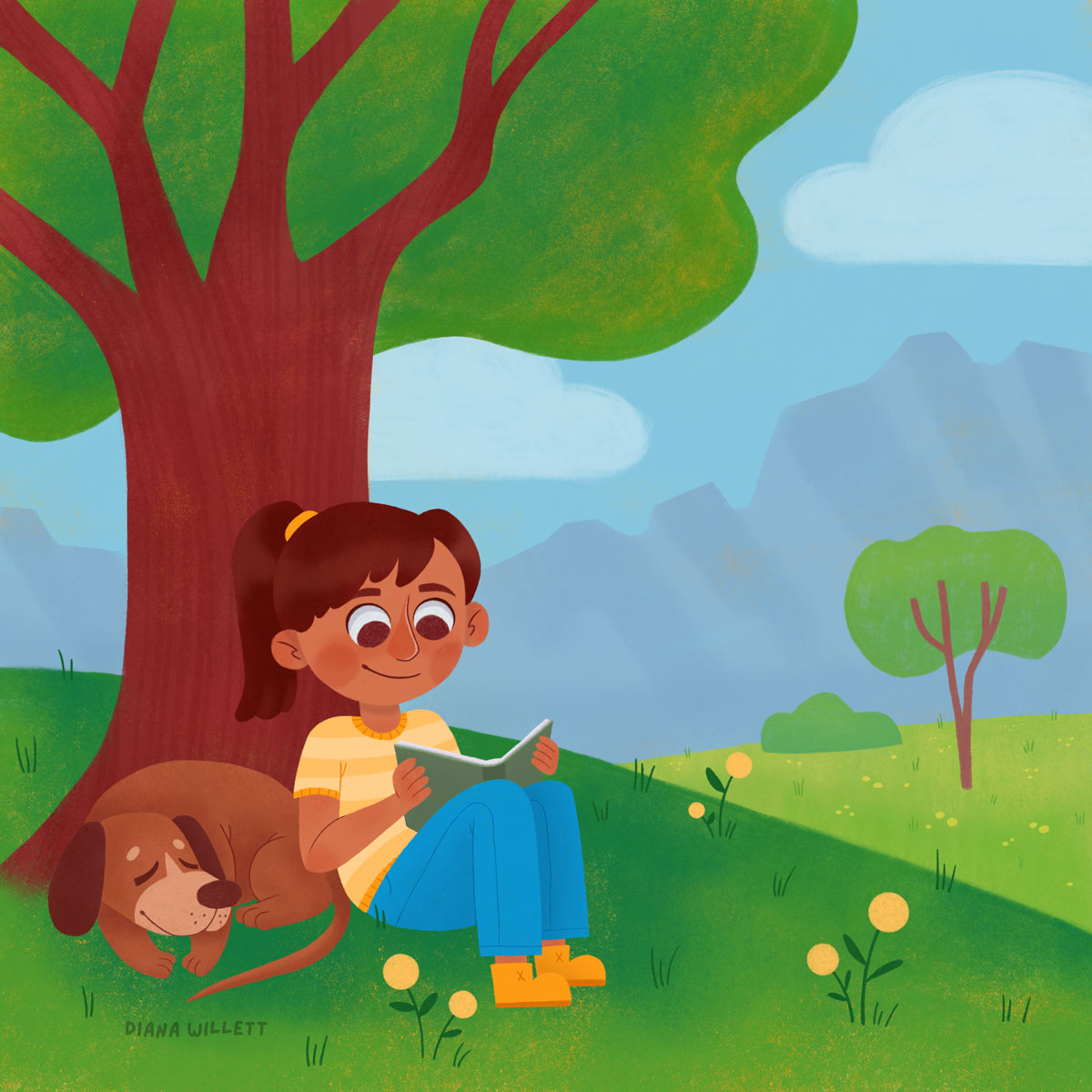 Kidlit Illustration by Diana Willett of child with brown dog reading under a tree