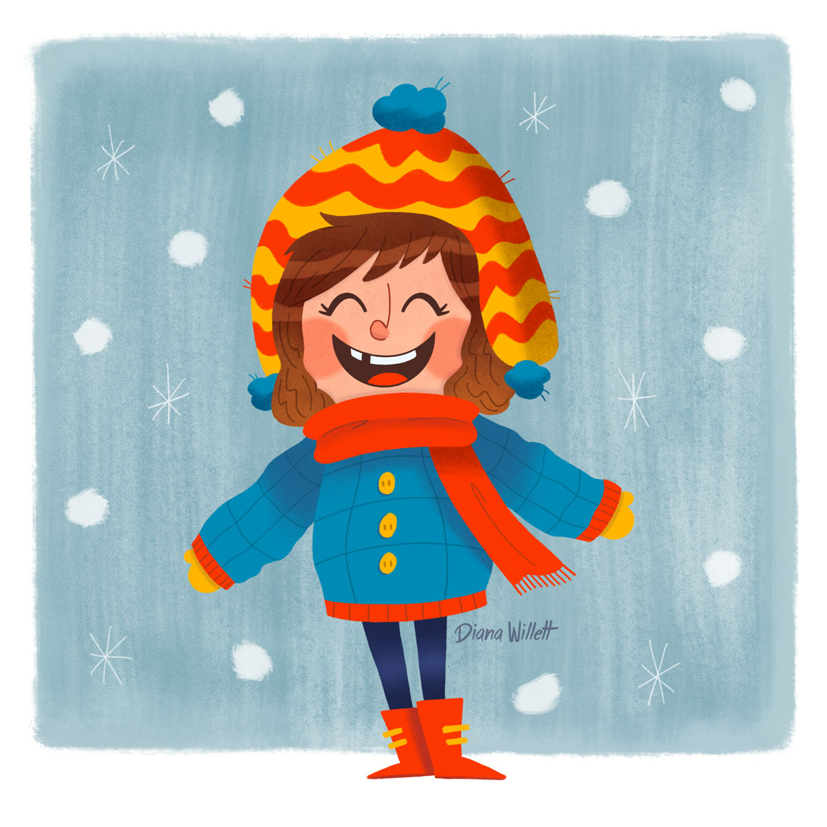 Kidlit Illustration by Diana Willett. girl happy with the snow while wearing a heavy coat, scarf, and knit hat.