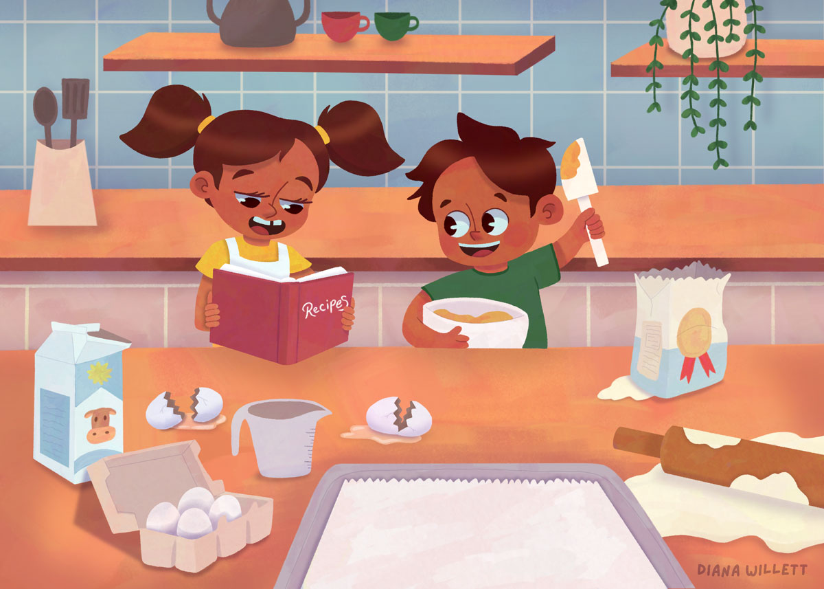 Kidlit Illustration by Diana Willett of two children a girl in pig tails and a boy are in a kitchen cooking. the girl is holding a recipe book the boy is holding a mixing bowl and spatula. baking ingredients are in front of them like eggs, milk, flour, a rolling pin, and baking sheet.