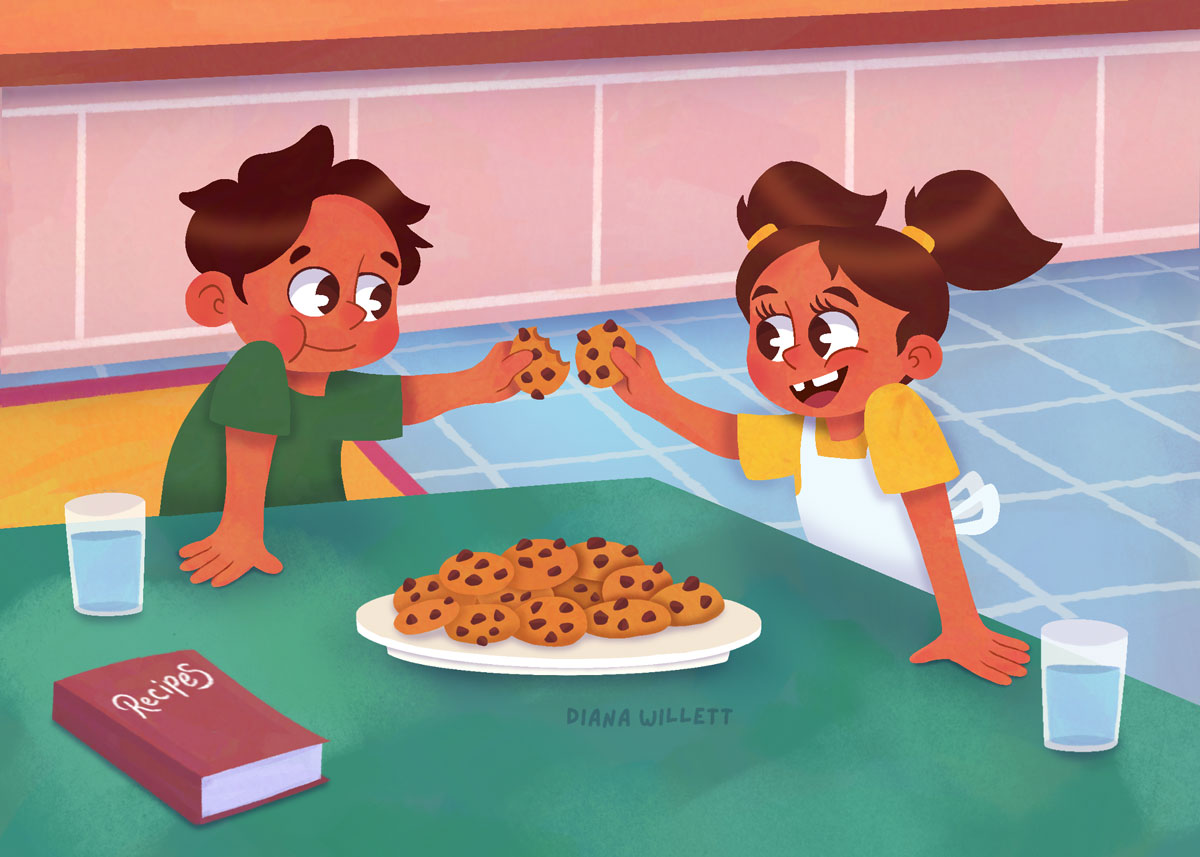Kidlit Illustration by Diana Willett of two children a girl in pig tails and a boy are in a kitchen at table eating cookies they just baked.