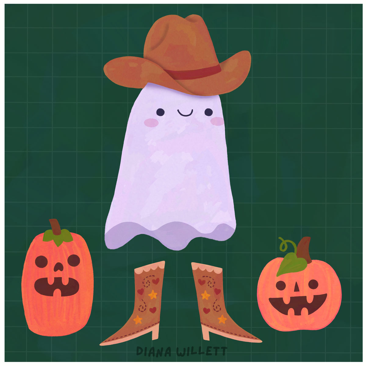 Ghost with cowboy hat and boots next to two jack-o-lanterns
