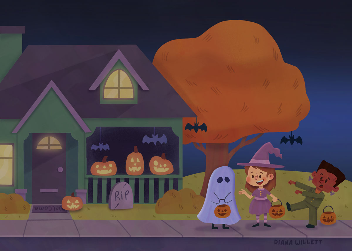 Three children on Halloween dressed up as a ghost, a witch, and frankenstein. they stand in front of a house with halloween decorations and a bright orange tree.